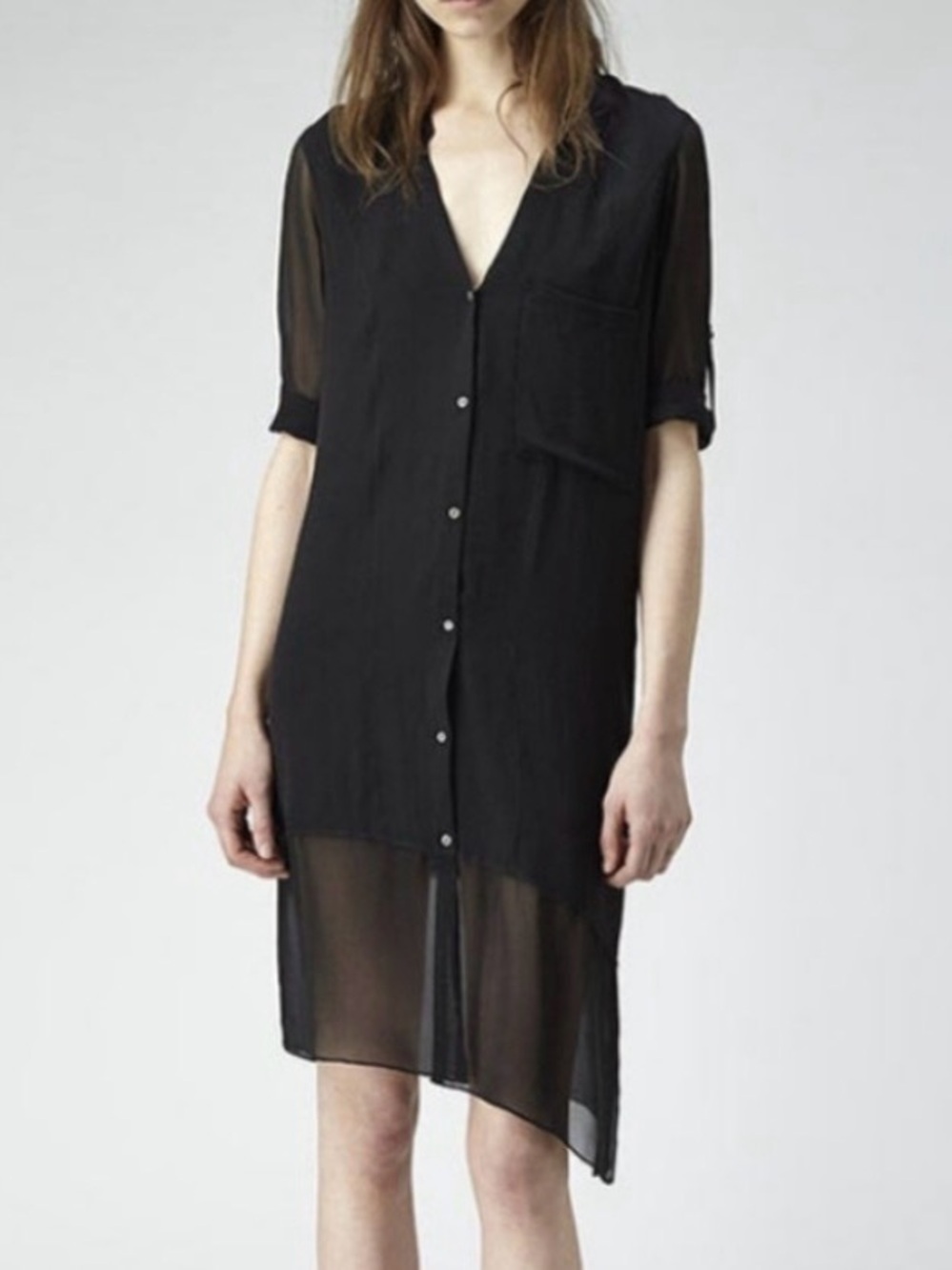 Helmut Lang Black Ghost Silk Chiffon Sheer Asymmetrical Shirt Dress M